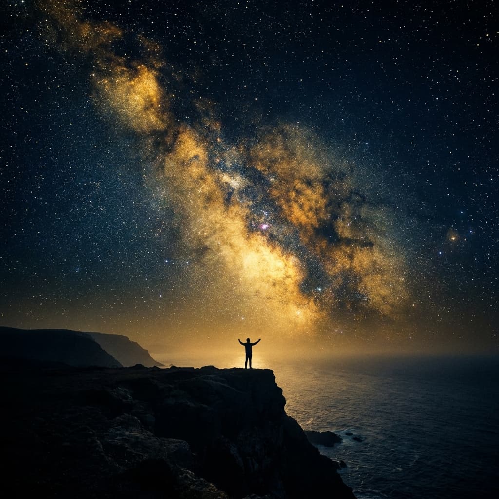 Starry night sky with golden nebula