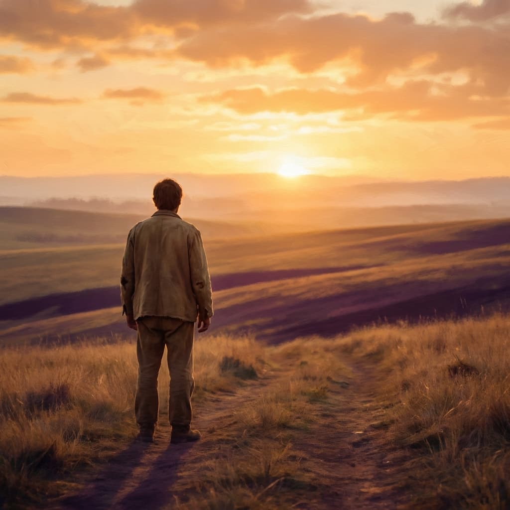 A person standing at dawn, looking at a golden horizon
